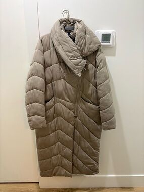 FLY LUXURY | Taupe Quilted Long Puffer Coat with Oversized Collar